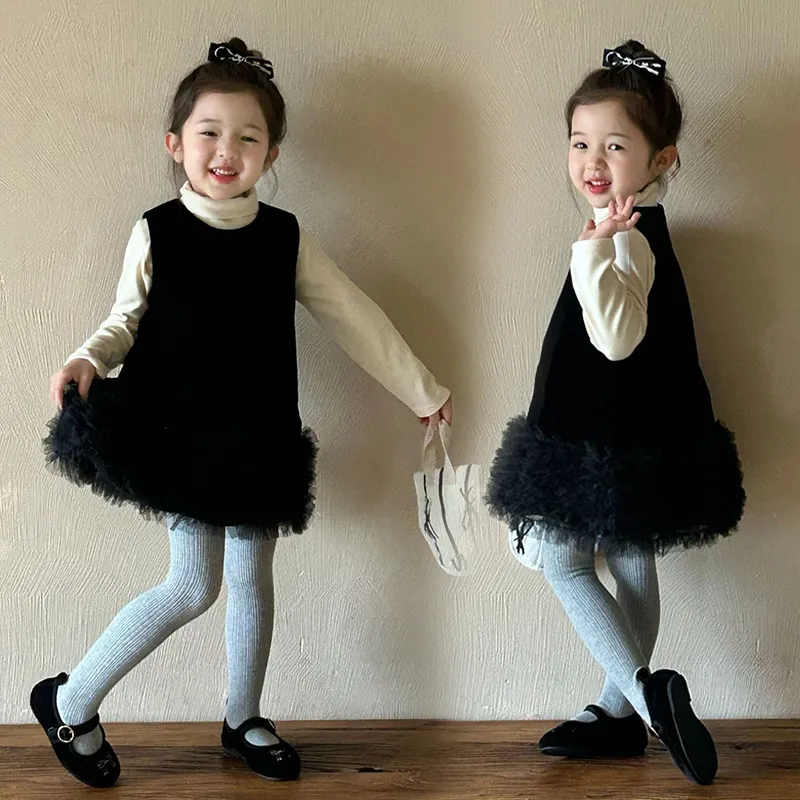 【単品注文】【90-140cm】特別デザイン 無地 キュート 秋冬 ハイネック 女の子 セットアップ