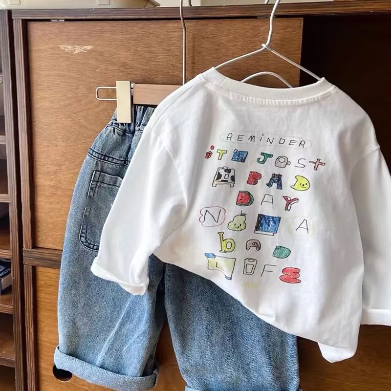 【80-130cm】品質のいい新品 心地よい 韓国系 アルファベット カートゥーン プリント 長袖 コットン 男の子 女の子 Tシャツ トップス