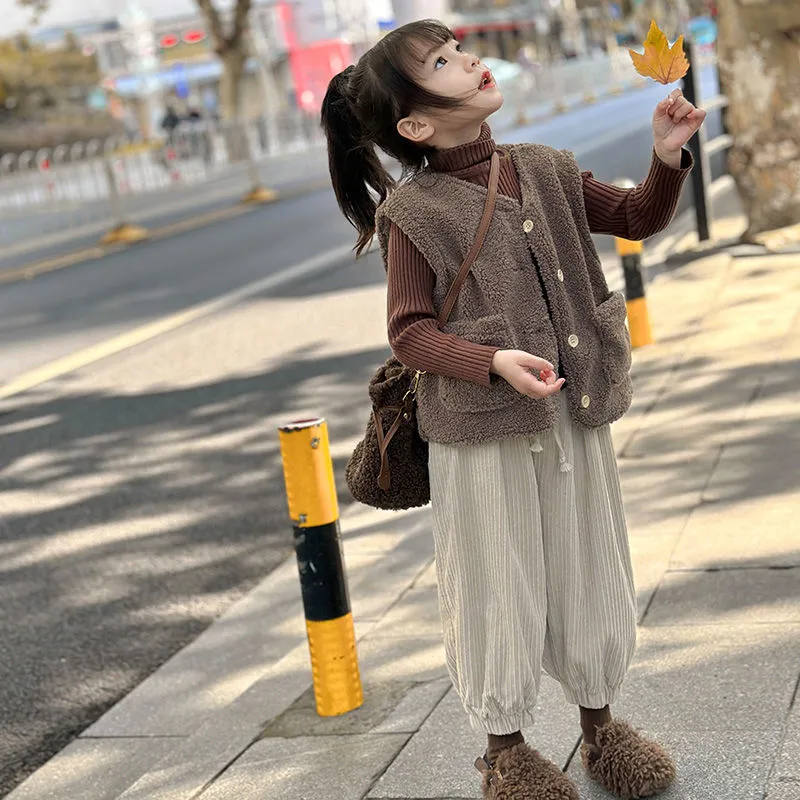単品注文【100-160cm】二色選べ スウィート 森ガール かわいい 無地 ベスト＋パンツ 子供服 女の子 二点セットアップ