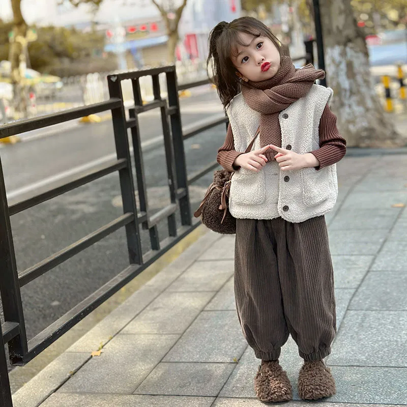 単品注文【100-160cm】二色選べ スウィート 森ガール かわいい 無地 ベスト＋パンツ 子供服 女の子 二点セットアップ