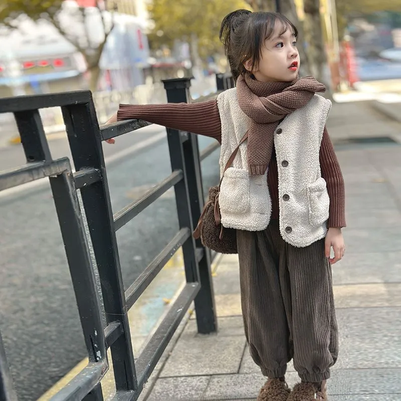 単品注文【100-160cm】二色選べ スウィート 森ガール かわいい 無地 ベスト＋パンツ 子供服 女の子 二点セットアップ