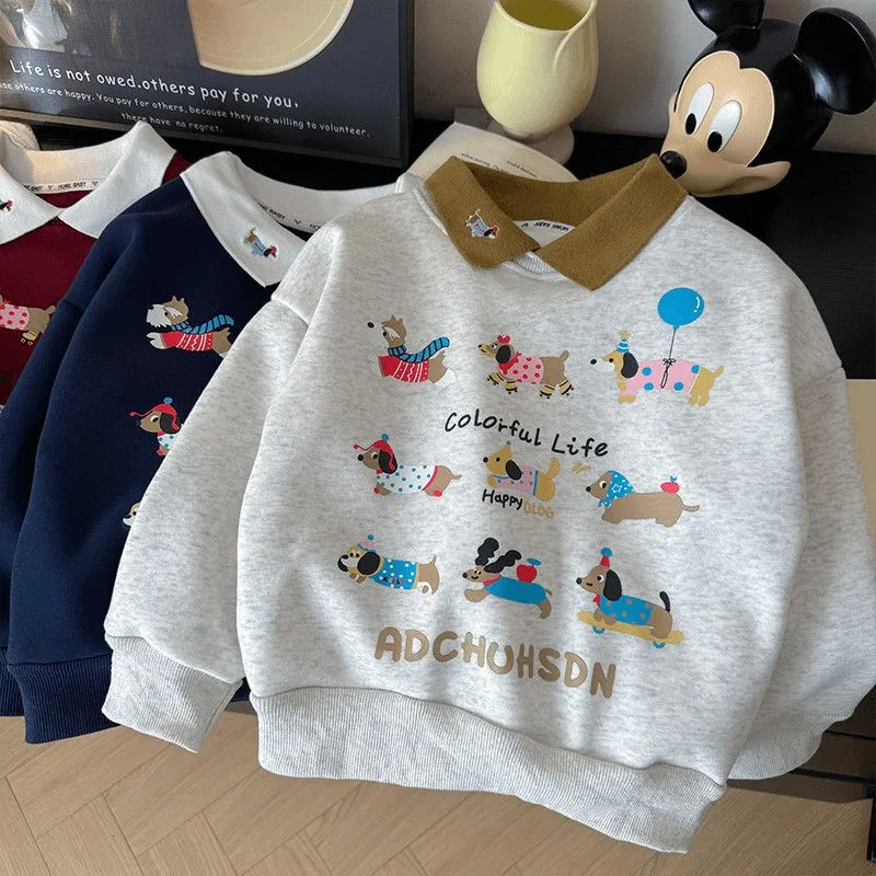 【100-170cm】三色選べ 秋冬新作 快適な肌触り カートゥーン プリント 折り襟 刺繡 裏起毛 女の子 男の子  パーカー トップス
