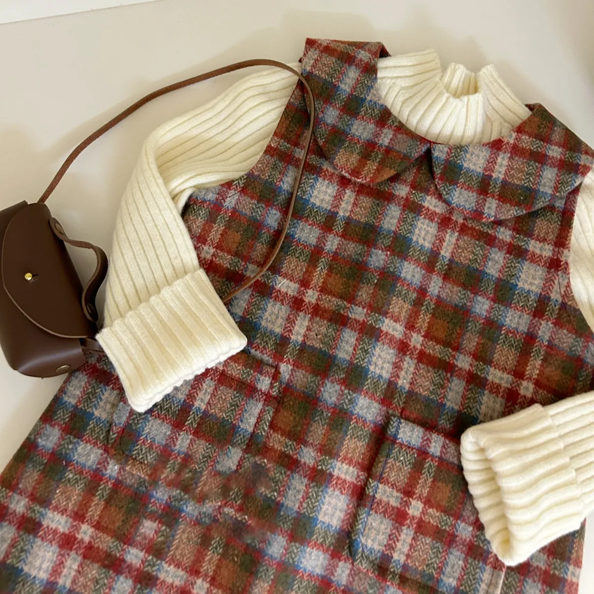 単品注文【90-140cm】絶対可愛い レトロ スウィート キュート 無地 セーター＋チェック柄 ワンピース 子供服 女の子 二点セット