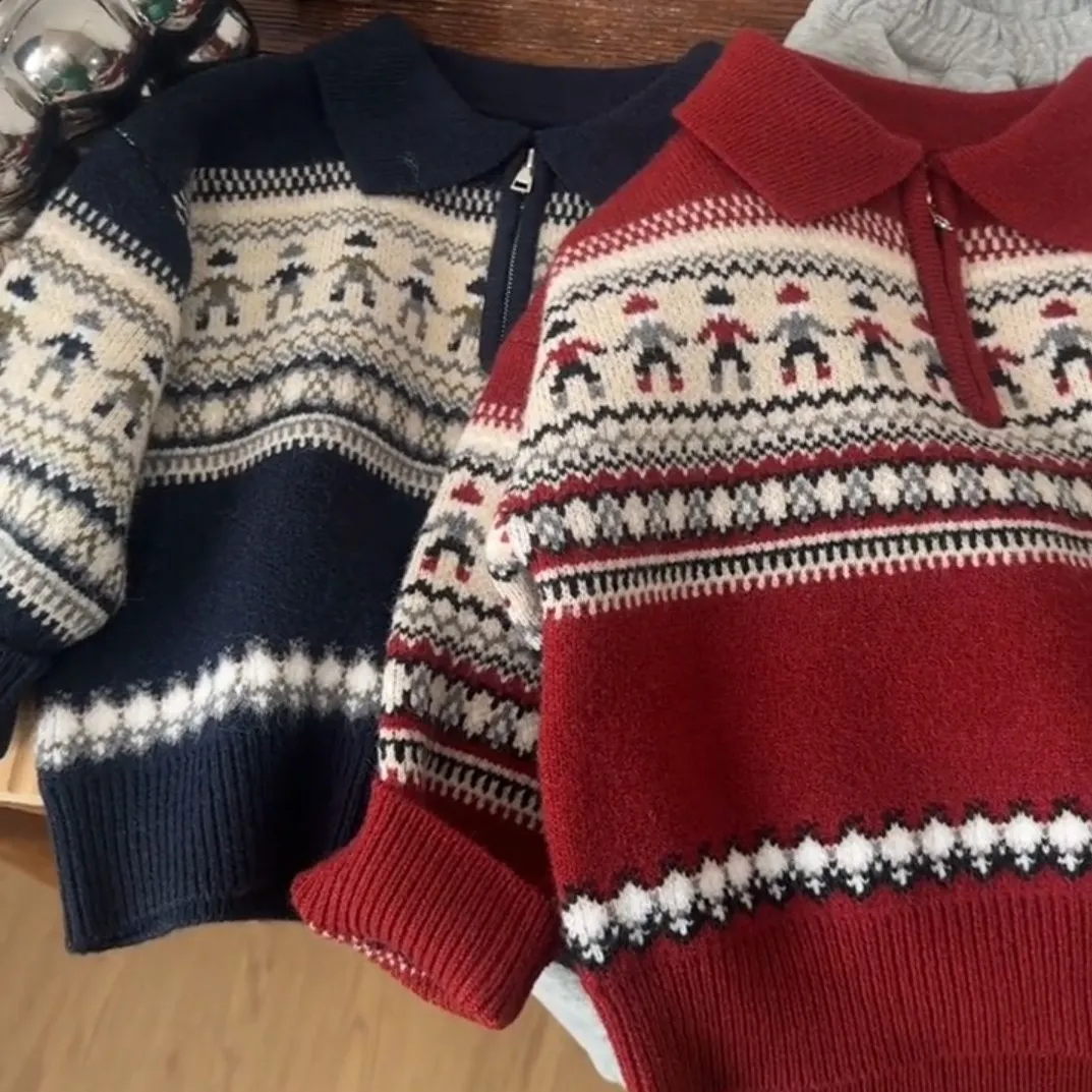 【80-130cm】超人気 クリスマス雰囲気 配色 プリント 子供服 女の子 男の子 ニット セーター トップス