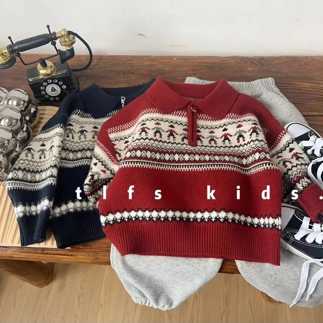 【80-130cm】超人気 クリスマス雰囲気 配色 プリント 子供服 女の子 男の子 ニット セーター トップス