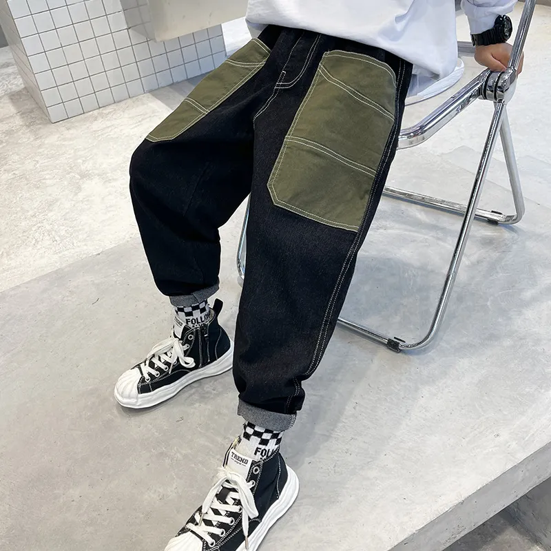 【110-170cm】目を奪われる ストリート系 ファッション 配色 かっこいい キッズ 男の子 デニム パンツ ボトムス