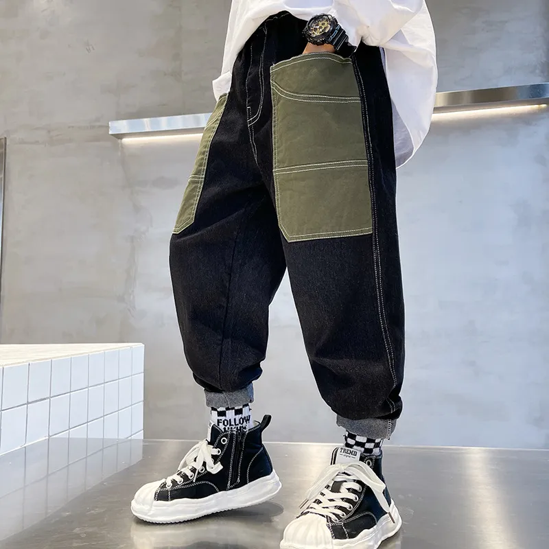 【110-170cm】目を奪われる ストリート系 ファッション 配色 かっこいい キッズ 男の子 デニム パンツ ボトムス