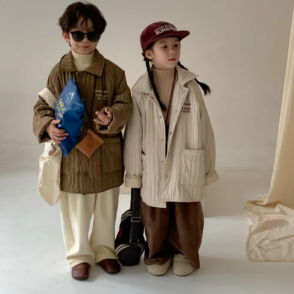 【90-140cm】2カラー展開 韓国スタイル ラペル レターシングルブレスト 長袖 カジュアル ストリップ 綿コート 子供服 アウター