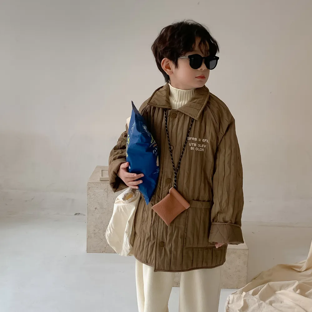 【90-140cm】2カラー展開 韓国スタイル ラペル レターシングルブレスト 長袖 カジュアル ストリップ 綿コート 子供服 アウター