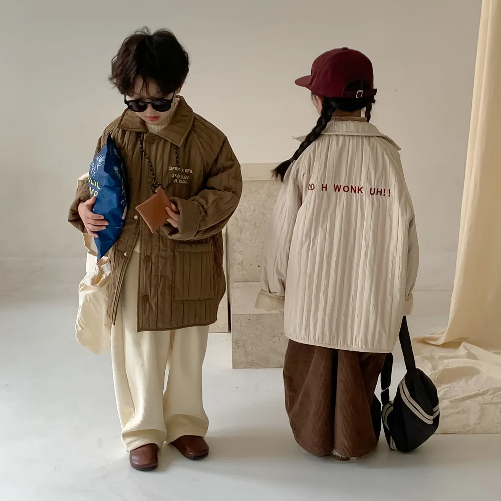 【90-140cm】2カラー展開 韓国スタイル ラペル レターシングルブレスト 長袖 カジュアル ストリップ 綿コート 子供服 アウター