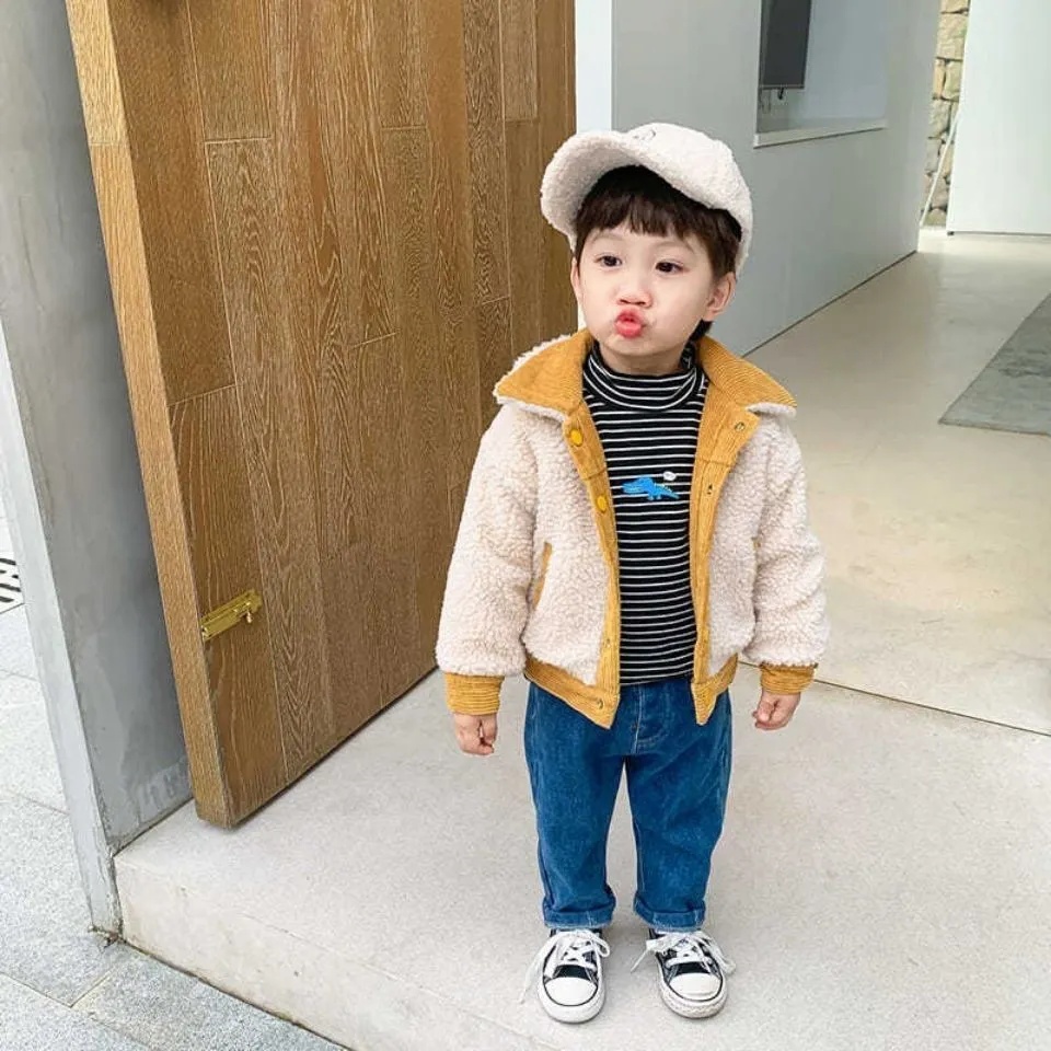 【90-130cm】気質アップ 子供服 両面テープ 男の子 無地 シンプル  レトロ  切り替え 中綿コート