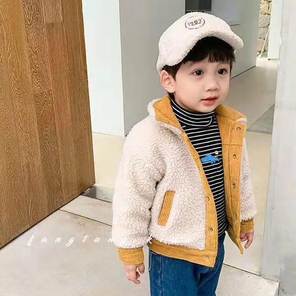 【90-130cm】気質アップ 子供服 両面テープ 男の子 無地 シンプル  レトロ  切り替え 中綿コート