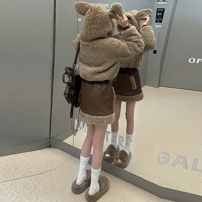 120-170 高見えデザイン もこもこ 秋冬 子供服 キッズ ジュニア 女の子 動物耳 フード付き アウター/ショートスカート/ロングスカート セットアップ(単品注文)