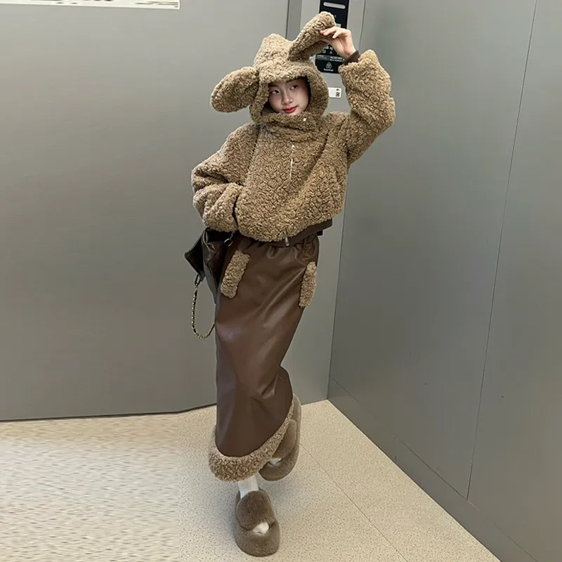 120-170 高見えデザイン もこもこ 秋冬 子供服 キッズ ジュニア 女の子 動物耳 フード付き アウター/ショートスカート/ロングスカート セットアップ(単品注文)