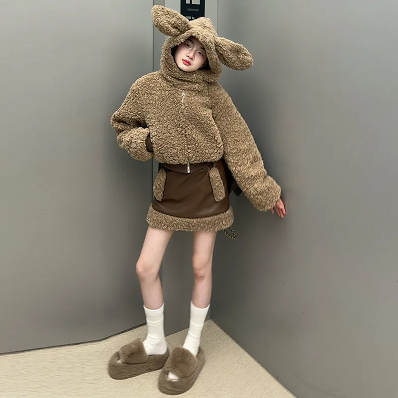 120-170 高見えデザイン もこもこ 秋冬 子供服 キッズ ジュニア 女の子 動物耳 フード付き アウター/ショートスカート/ロングスカート セットアップ(単品注文)