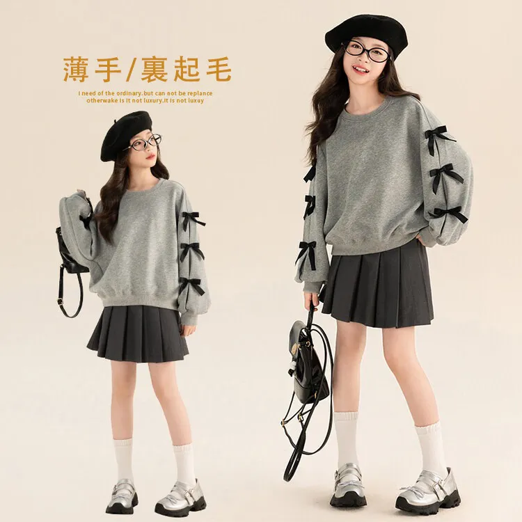 120-170 超人気 薄手/裏起毛 春 秋 冬 子供服 キッズ ジュニア 女の子 無地 ゆったり リボン アップリケ トップス トレーナー スウェット