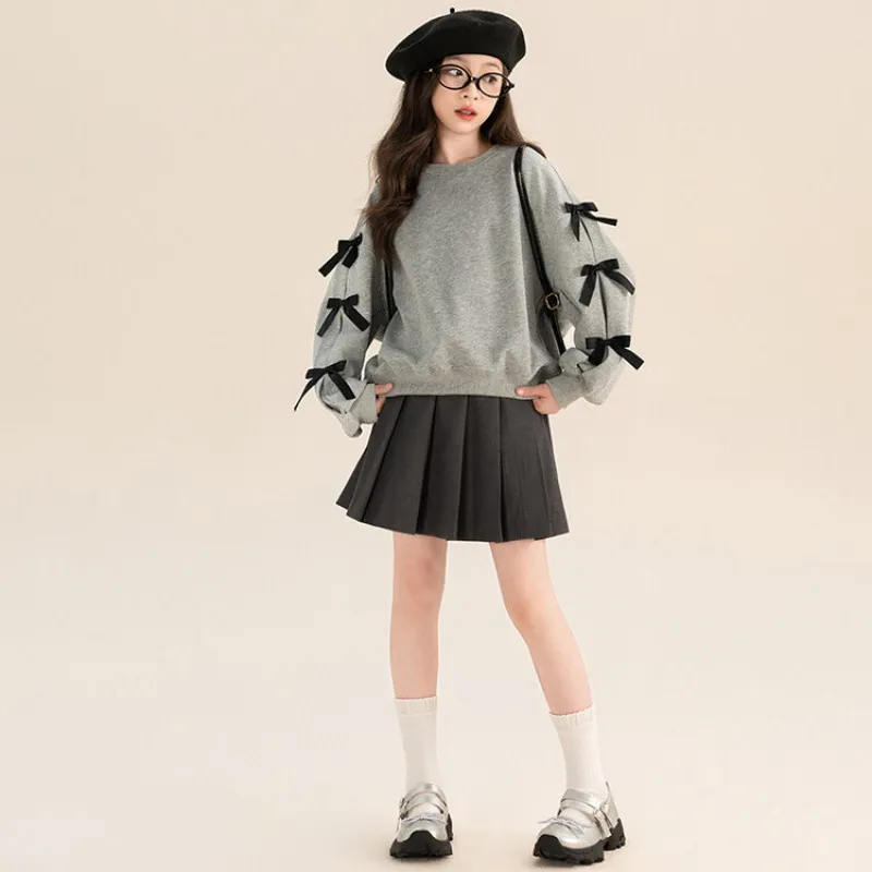120-170 超人気 薄手/裏起毛 春 秋 冬 子供服 キッズ ジュニア 女の子 無地 ゆったり リボン アップリケ トップス トレーナー スウェット