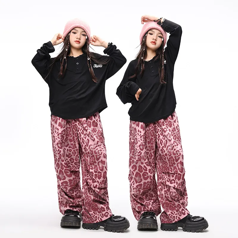 110-180 ヒップホップ ダンス オールシーズン 子供服 キッズ ジュニア 女の子 Tシャツ✛ヒョウ柄 カーゴパンツ セットアップ