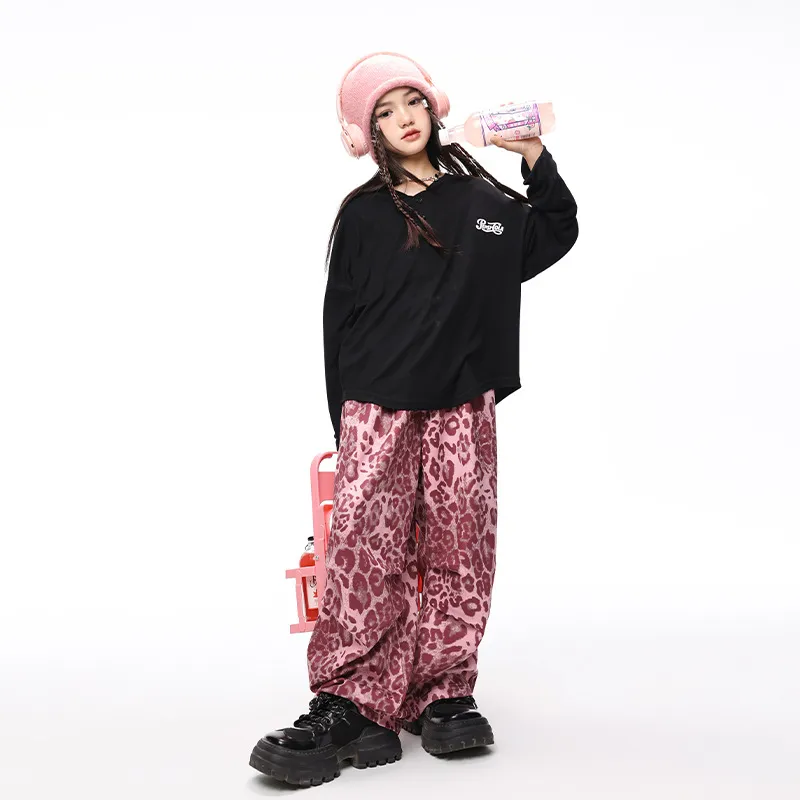 110-180 ヒップホップ ダンス オールシーズン 子供服 キッズ ジュニア 女の子 Tシャツ✛ヒョウ柄 カーゴパンツ セットアップ