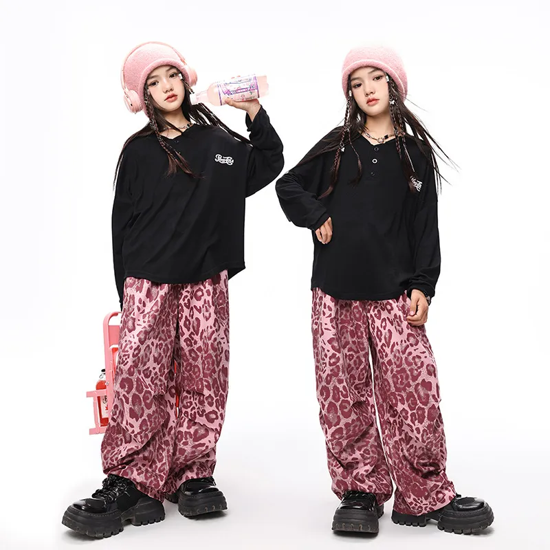 110-180 ヒップホップ ダンス オールシーズン 子供服 キッズ ジュニア 女の子 Tシャツ✛ヒョウ柄 カーゴパンツ セットアップ