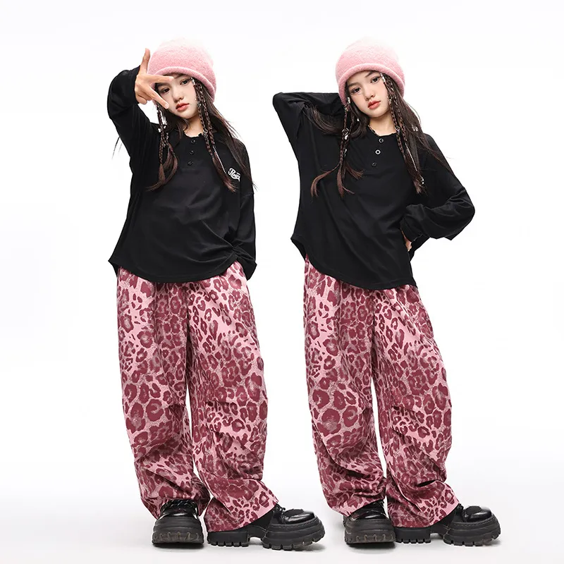 110-180 ヒップホップ ダンス オールシーズン 子供服 キッズ ジュニア 女の子 Tシャツ✛ヒョウ柄 カーゴパンツ セットアップ