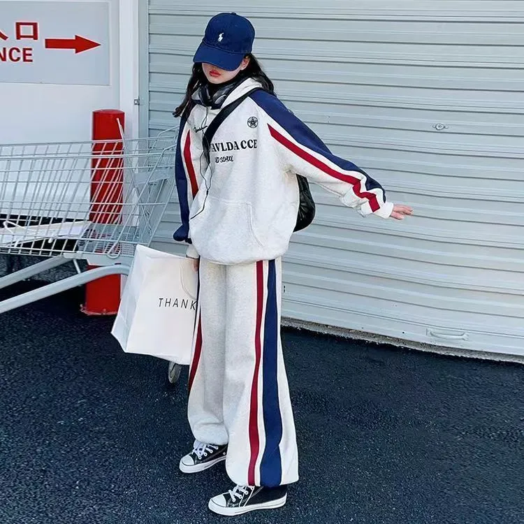 130-170 スポーツ系 裏起毛 秋 冬 子供服 キッズ ジュニア 女の子 配色 切り替え フード付き パーカー✛パンツ セットアップ