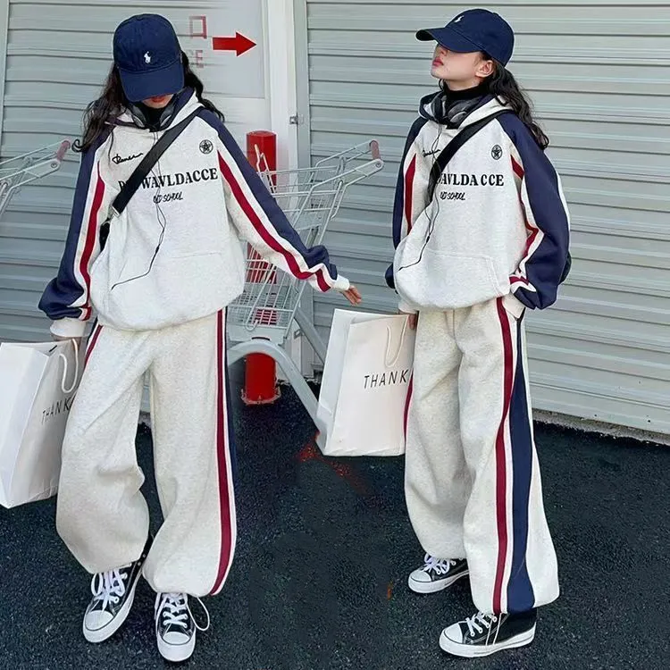 130-170 スポーツ系 裏起毛 秋 冬 子供服 キッズ ジュニア 女の子 配色 切り替え フード付き パーカー✛パンツ セットアップ