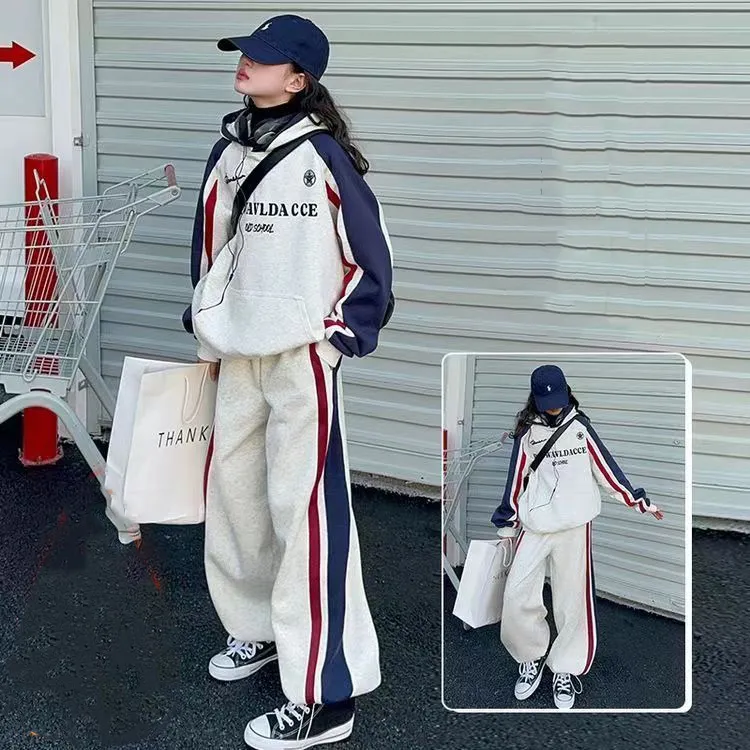 130-170 スポーツ系 裏起毛 秋 冬 子供服 キッズ ジュニア 女の子 配色 切り替え フード付き パーカー✛パンツ セットアップ