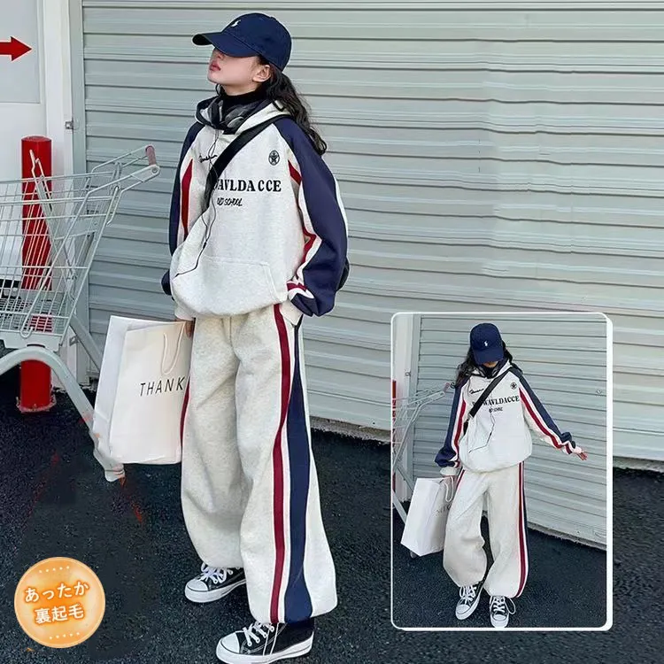 130-170 スポーツ系 裏起毛 秋 冬 子供服 キッズ ジュニア 女の子 配色 切り替え フード付き パーカー✛パンツ セットアップ