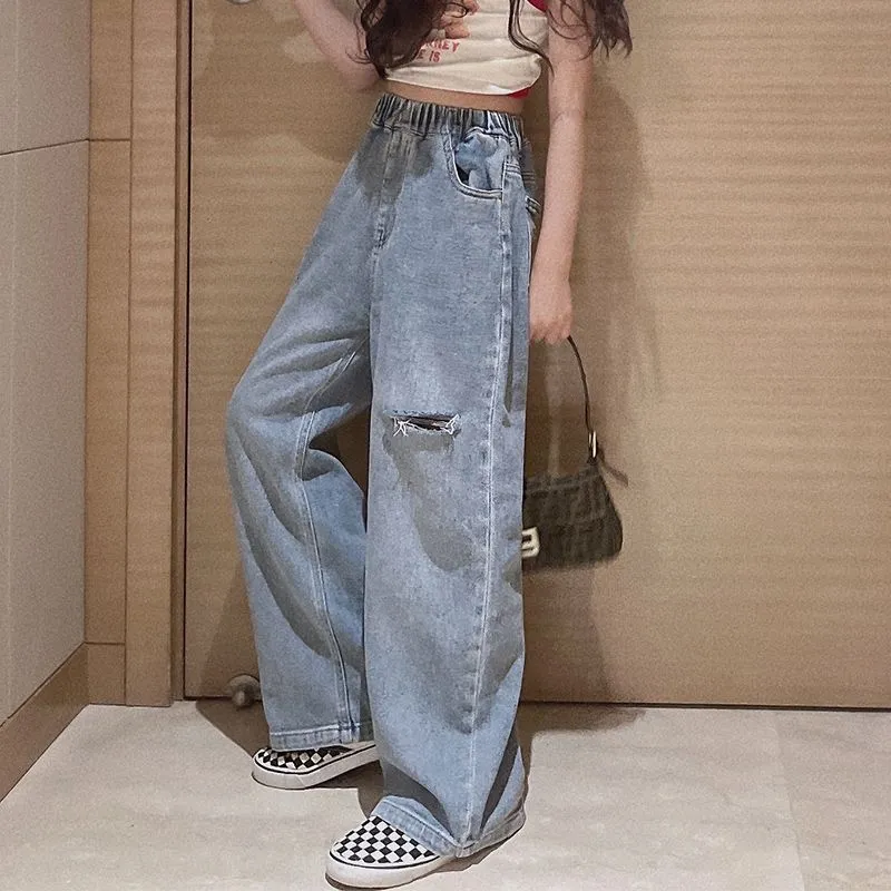 【120-160】定番シンプル 無地 ダメージ加工 デニム ジーンズ 春秋 子供服 キッズ ジュニア 女の子 ボトムス ワイドパンツ