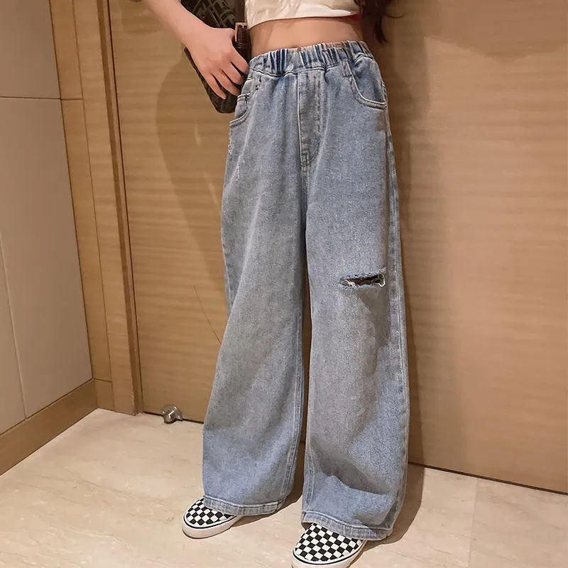 【120-160】定番シンプル 無地 ダメージ加工 デニム ジーンズ 春秋 子供服 キッズ ジュニア 女の子 ボトムス ワイドパンツ