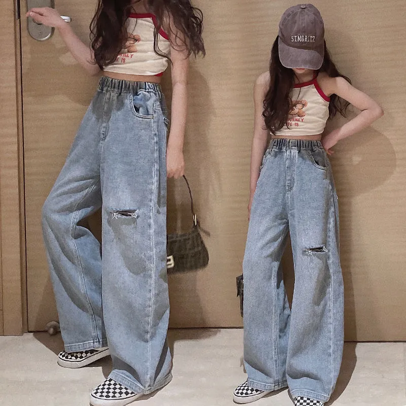 【120-160】定番シンプル 無地 ダメージ加工 デニム ジーンズ 春秋 子供服 キッズ ジュニア 女の子 ボトムス ワイドパンツ