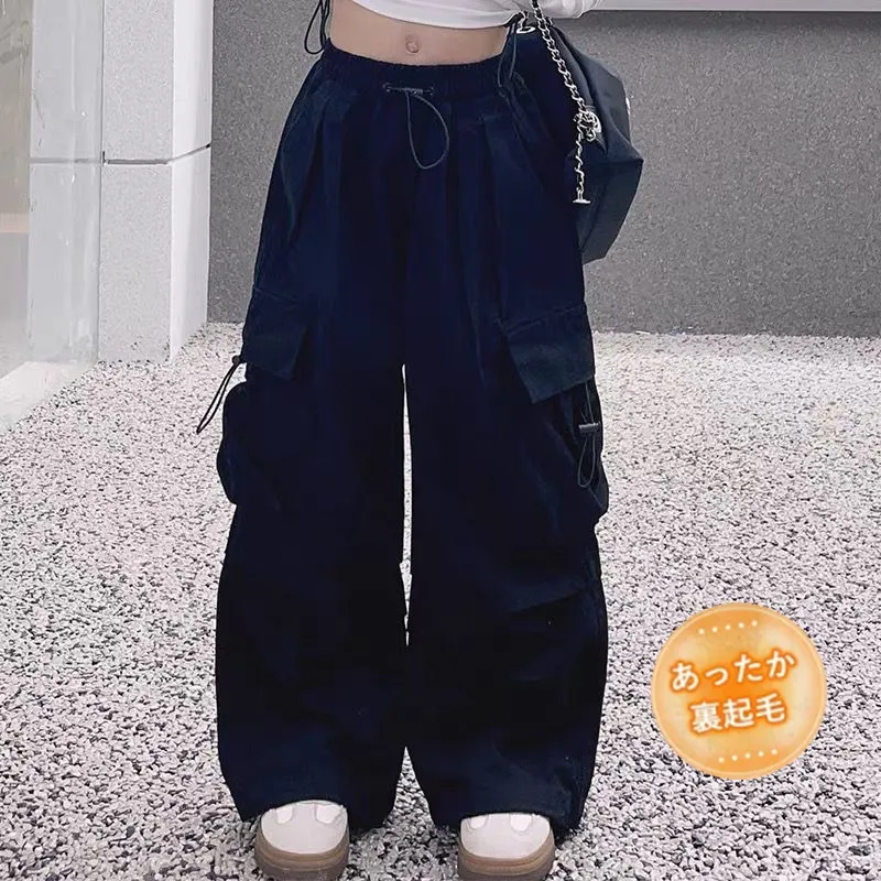 100-170 ヒップホップ ダンス 厚手/裏起毛 春秋冬 子供服 キッズ ジュニア 女の子 無地 ポケット付き ボトムス カーゴパンツ