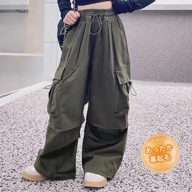 100-170 ヒップホップ ダンス 厚手/裏起毛 春秋冬 子供服 キッズ ジュニア 女の子 無地 ポケット付き ボトムス カーゴパンツ