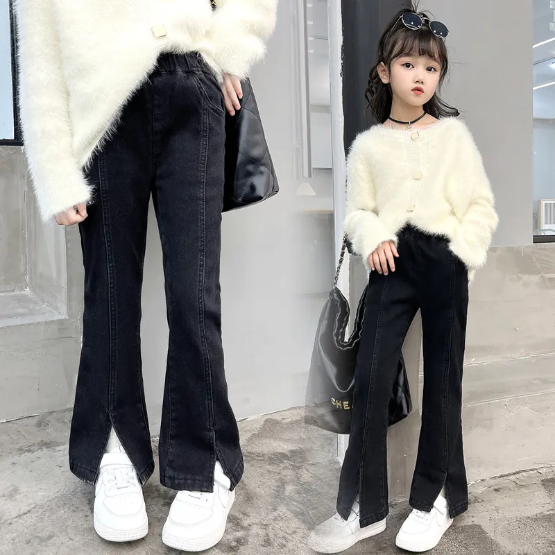 120-170 ファッション感満々 デニム 薄手/裏起毛 秋 冬 子供服 キッズ ジュニア 女の子 無地 スリット ボトムス フレアパンツ