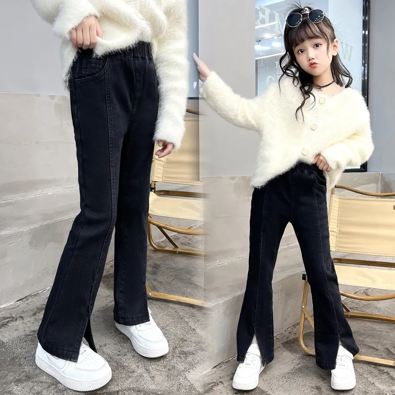 120-170 ファッション感満々 デニム 薄手/裏起毛 秋 冬 子供服 キッズ ジュニア 女の子 無地 スリット ボトムス フレアパンツ
