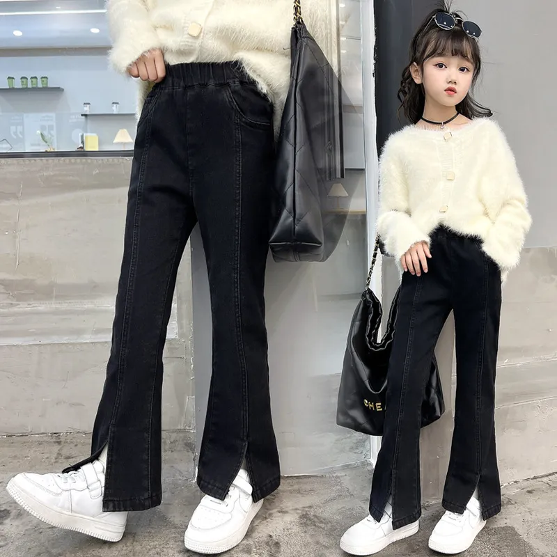 120-170 ファッション感満々 デニム 薄手/裏起毛 秋 冬 子供服 キッズ ジュニア 女の子 無地 スリット ボトムス フレアパンツ