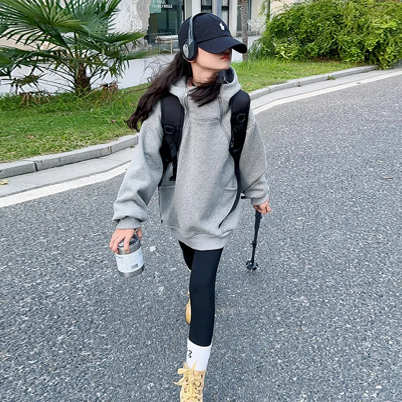120-170 韓国ファッション 薄手/裏起毛 秋 冬 子供服 キッズ ジュニア 女の子 無地 ジッパー フード付き パーカー/レギンス セットアップ(単品注文)