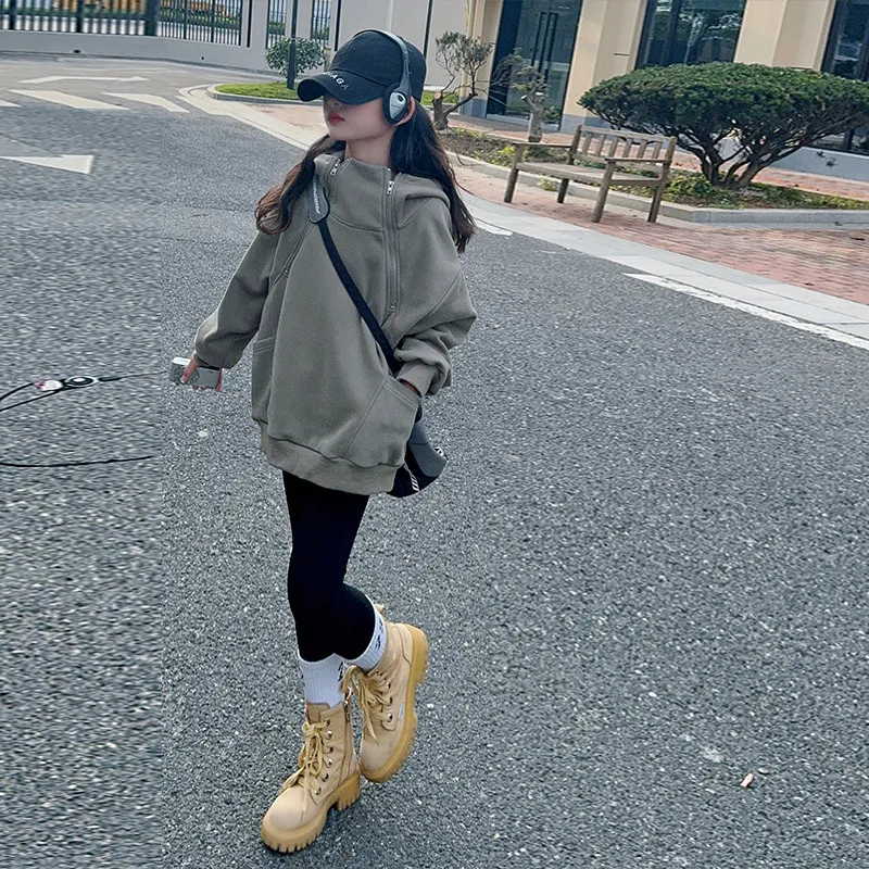 120-170 韓国ファッション 薄手/裏起毛 秋 冬 子供服 キッズ ジュニア 女の子 無地 ジッパー フード付き パーカー/レギンス セットアップ(単品注文)