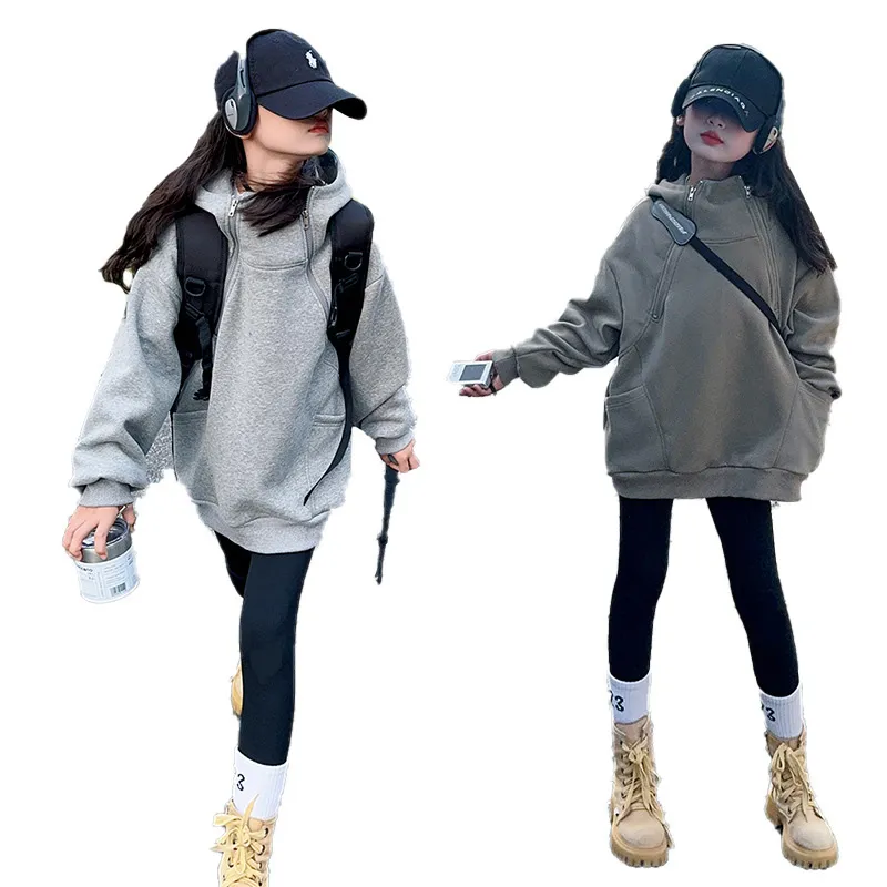 120-170 韓国ファッション 薄手/裏起毛 秋 冬 子供服 キッズ ジュニア 女の子 無地 ジッパー フード付き パーカー/レギンス セットアップ(単品注文)
