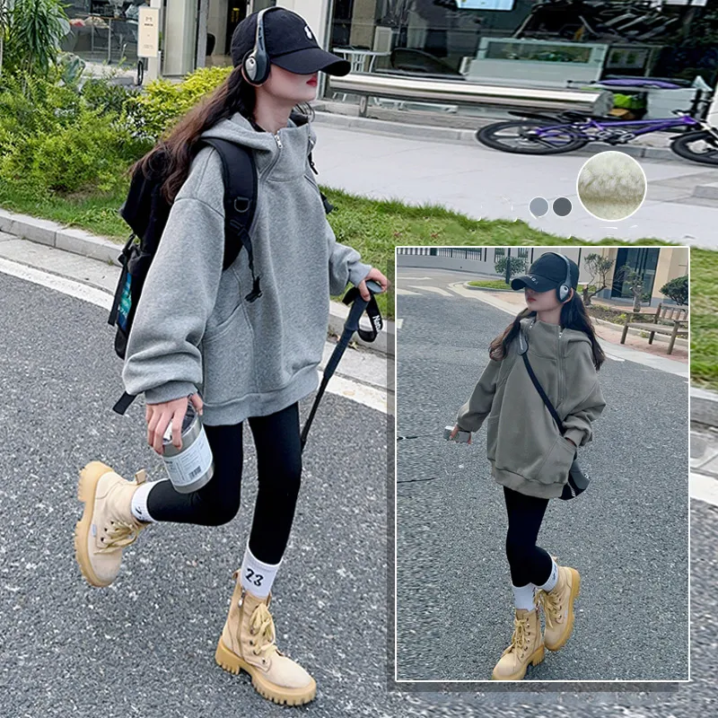 120-170 韓国ファッション 薄手/裏起毛 秋 冬 子供服 キッズ ジュニア 女の子 無地 ジッパー フード付き パーカー/レギンス セットアップ(単品注文)