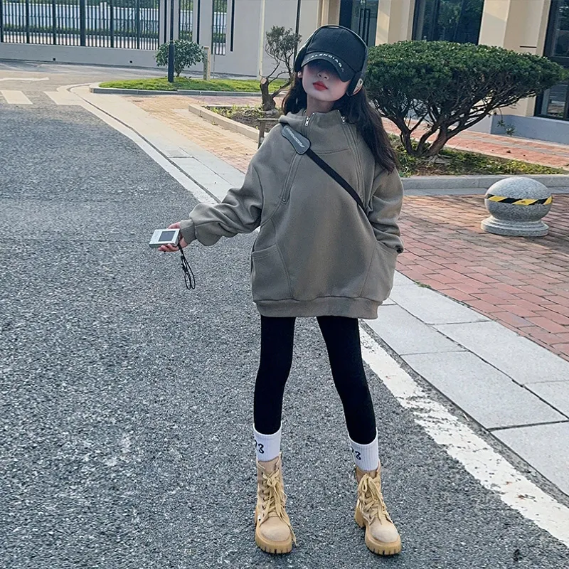120-170 韓国ファッション 薄手/裏起毛 秋 冬 子供服 キッズ ジュニア 女の子 無地 ジッパー フード付き パーカー/レギンス セットアップ(単品注文)