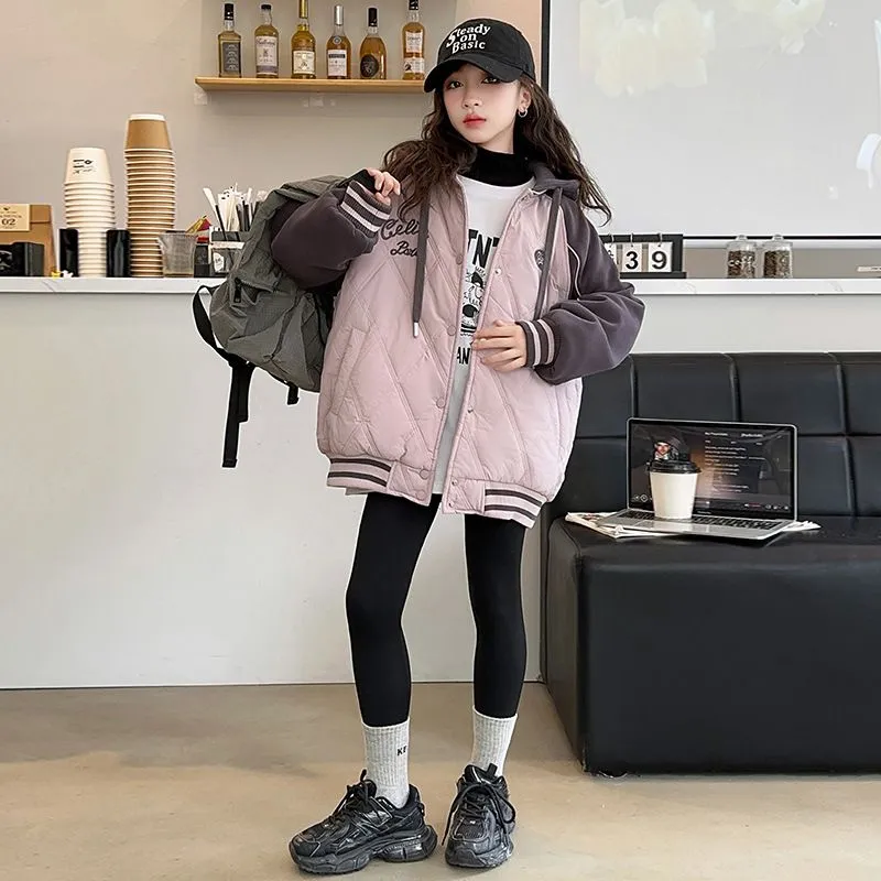 100-170 お洒落 厚手 秋冬 子供服 キッズ ジュニア 女の子 配色 切り替え アルファベット フード付き スタジャン 綿コート アウター