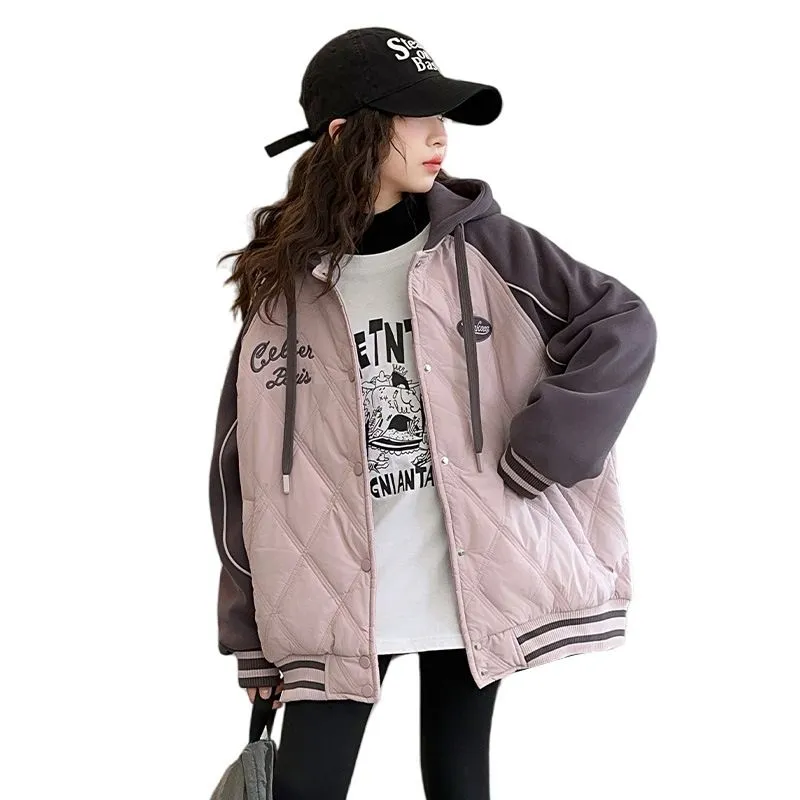 100-170 お洒落 厚手 秋冬 子供服 キッズ ジュニア 女の子 配色 切り替え アルファベット フード付き スタジャン 綿コート アウター