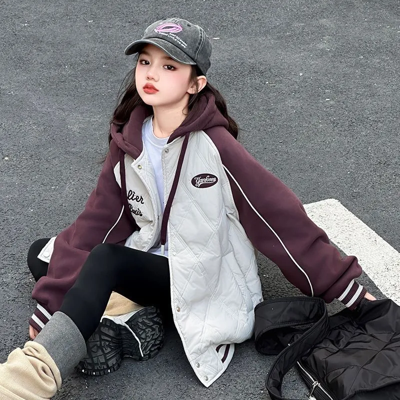 100-170 お洒落 厚手 秋冬 子供服 キッズ ジュニア 女の子 配色 切り替え アルファベット フード付き スタジャン 綿コート アウター