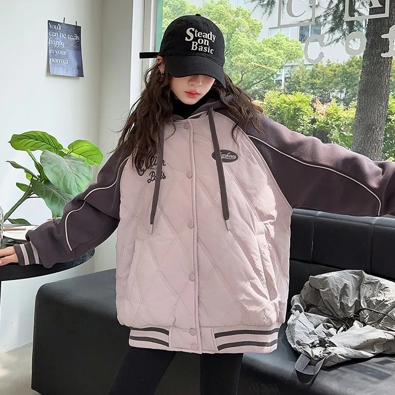 100-170 お洒落 厚手 秋冬 子供服 キッズ ジュニア 女の子 配色 切り替え アルファベット フード付き スタジャン 綿コート アウター