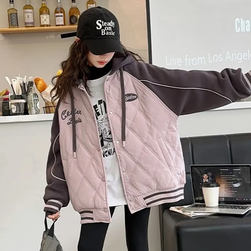 100-170 お洒落 厚手 秋冬 子供服 キッズ ジュニア 女の子 配色 切り替え アルファベット フード付き スタジャン 綿コート アウター