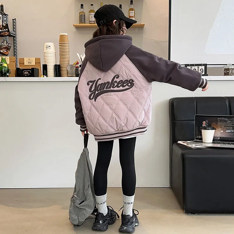 100-170 お洒落 厚手 秋冬 子供服 キッズ ジュニア 女の子 配色 切り替え アルファベット フード付き スタジャン 綿コート アウター