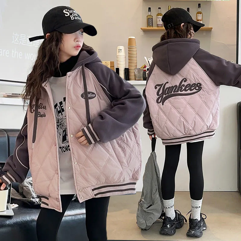 100-170 お洒落 厚手 秋冬 子供服 キッズ ジュニア 女の子 配色 切り替え アルファベット フード付き スタジャン 綿コート アウター
