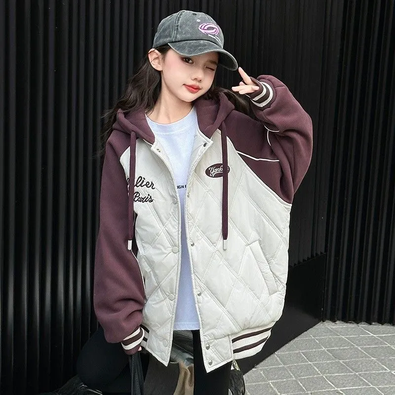 100-170 お洒落 厚手 秋冬 子供服 キッズ ジュニア 女の子 配色 切り替え アルファベット フード付き スタジャン 綿コート アウター